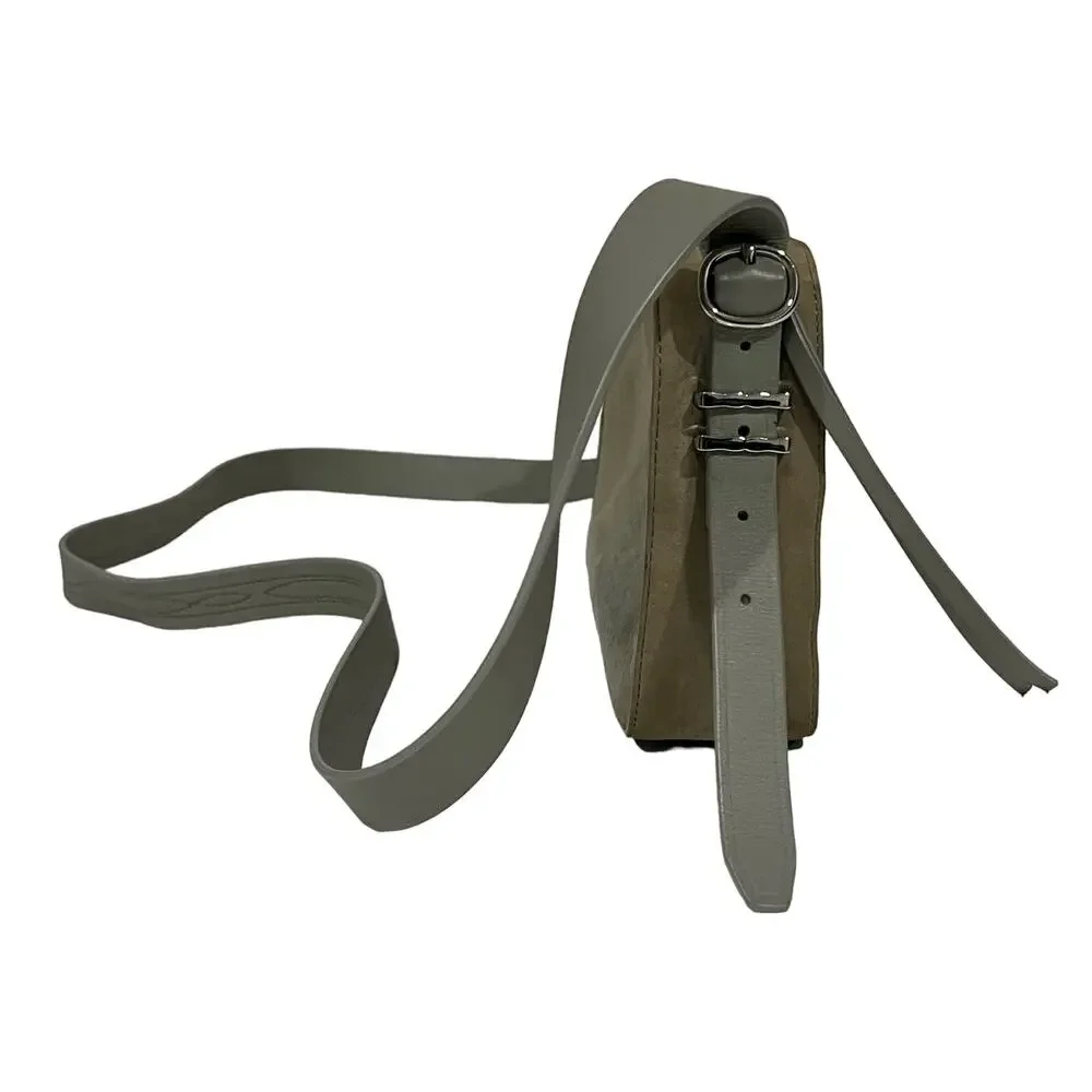 All Saints Crossbody Purse Shoulder Camera Bag Leather Taupe Gray Stitching